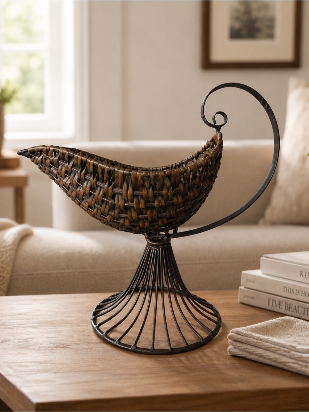 Woven Rattan Wrought Iron Fruit Basket Pedestal Stand Centerpiece MCM Boho - Picture 4 of 7
